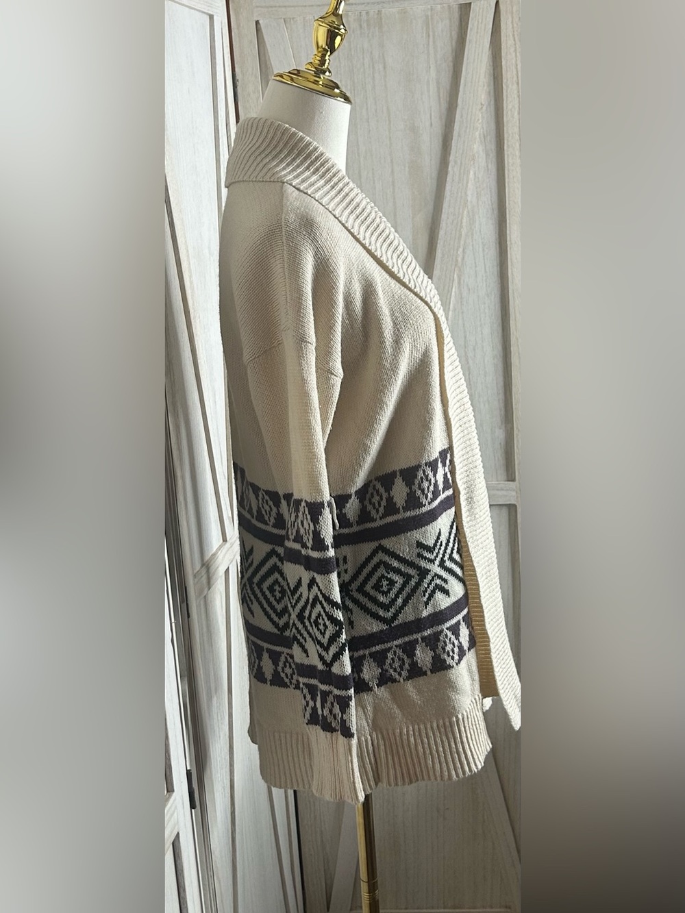 Pink Republic Ivory Open-Front Faire Isle Cardigan Geometric Trim Sz M Boho Cozy - Picture 3 of 9
